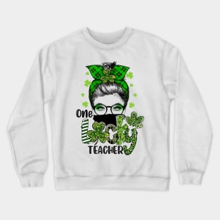 Shamrock One Lucky Teacher Messy Bun Funny St Patrick Day Crewneck Sweatshirt